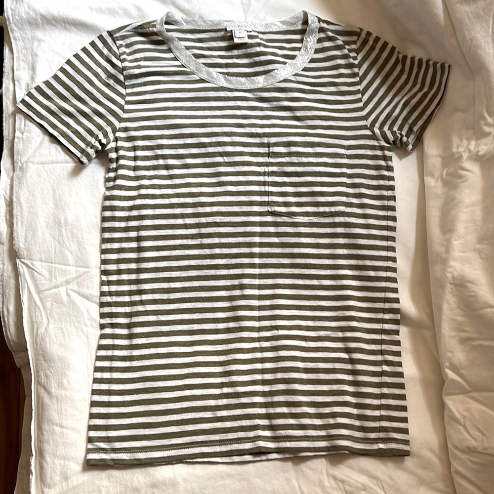 Olive green and white j.crew shirt